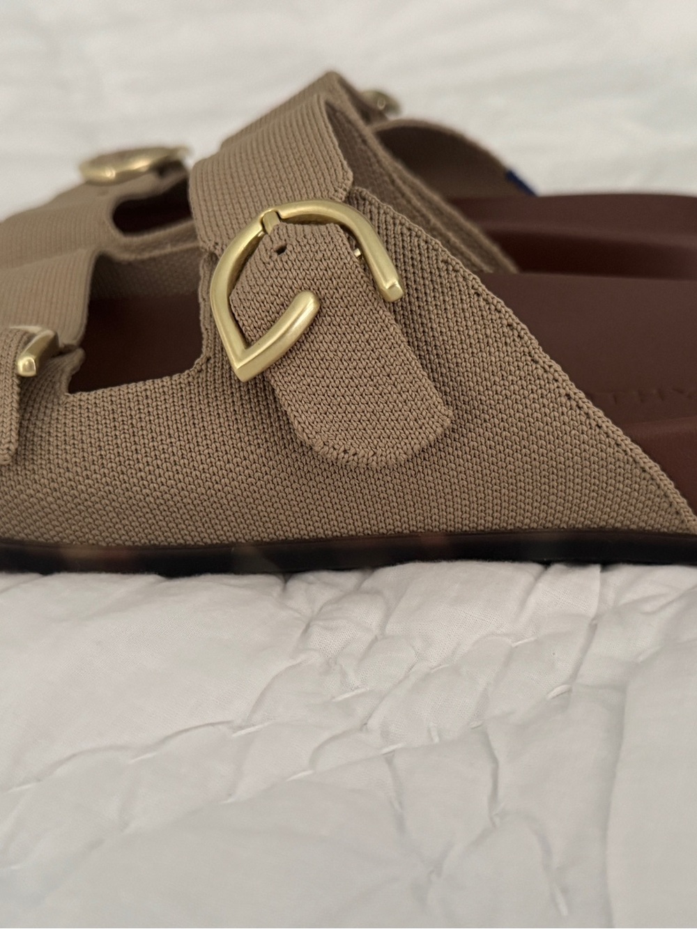 Rothy's Beige Double Strap Slide Sandals with Gold Buckles - Picture 3 of 4